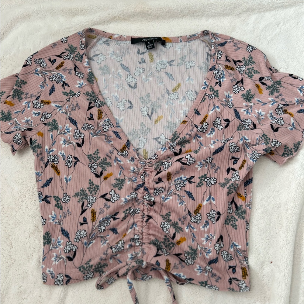 Papaya Pink Cap Sleeve Blouse with Tie Front and Peter Pan Collar